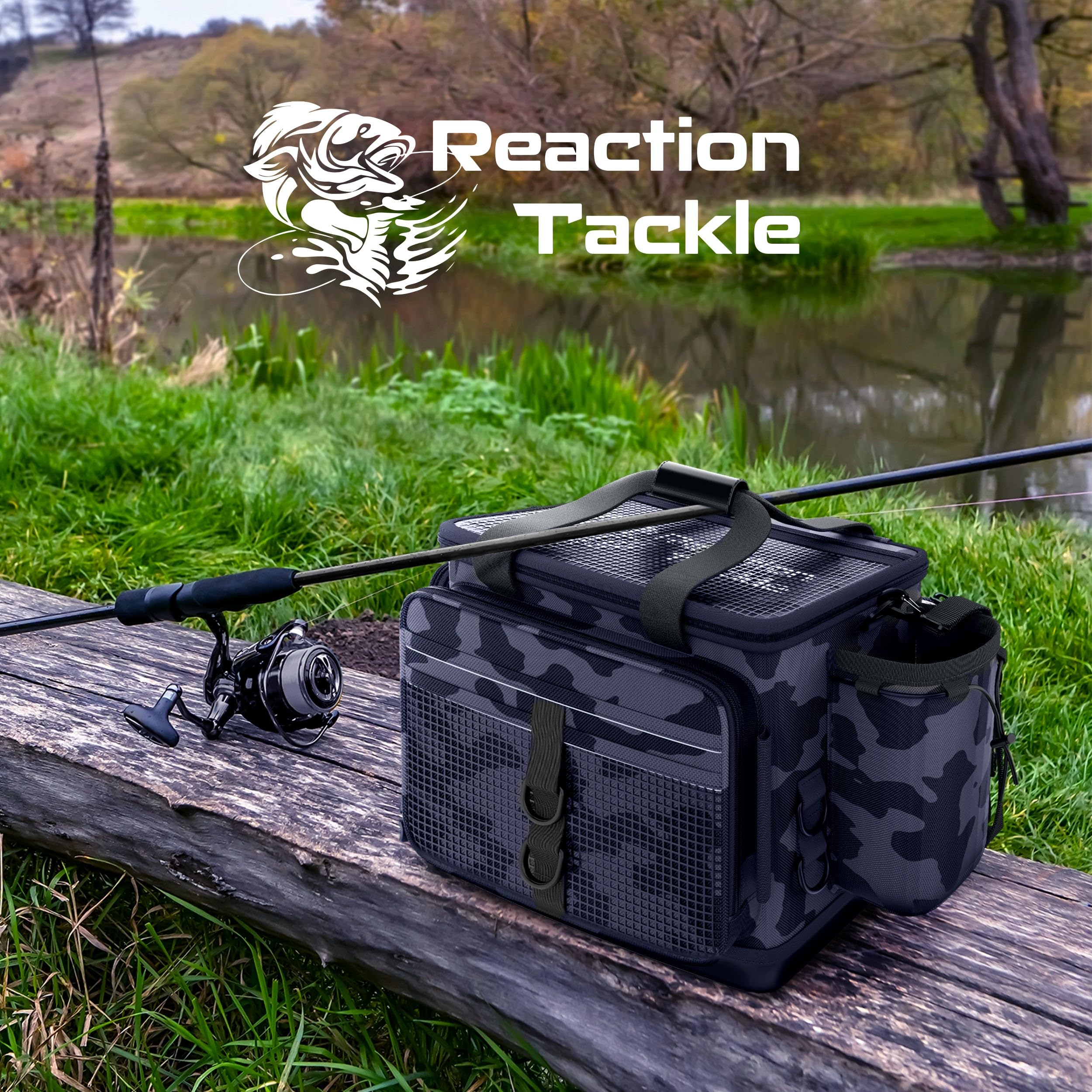 Reaction Tackle camo bag interior shows six 3600 boxes capacity.