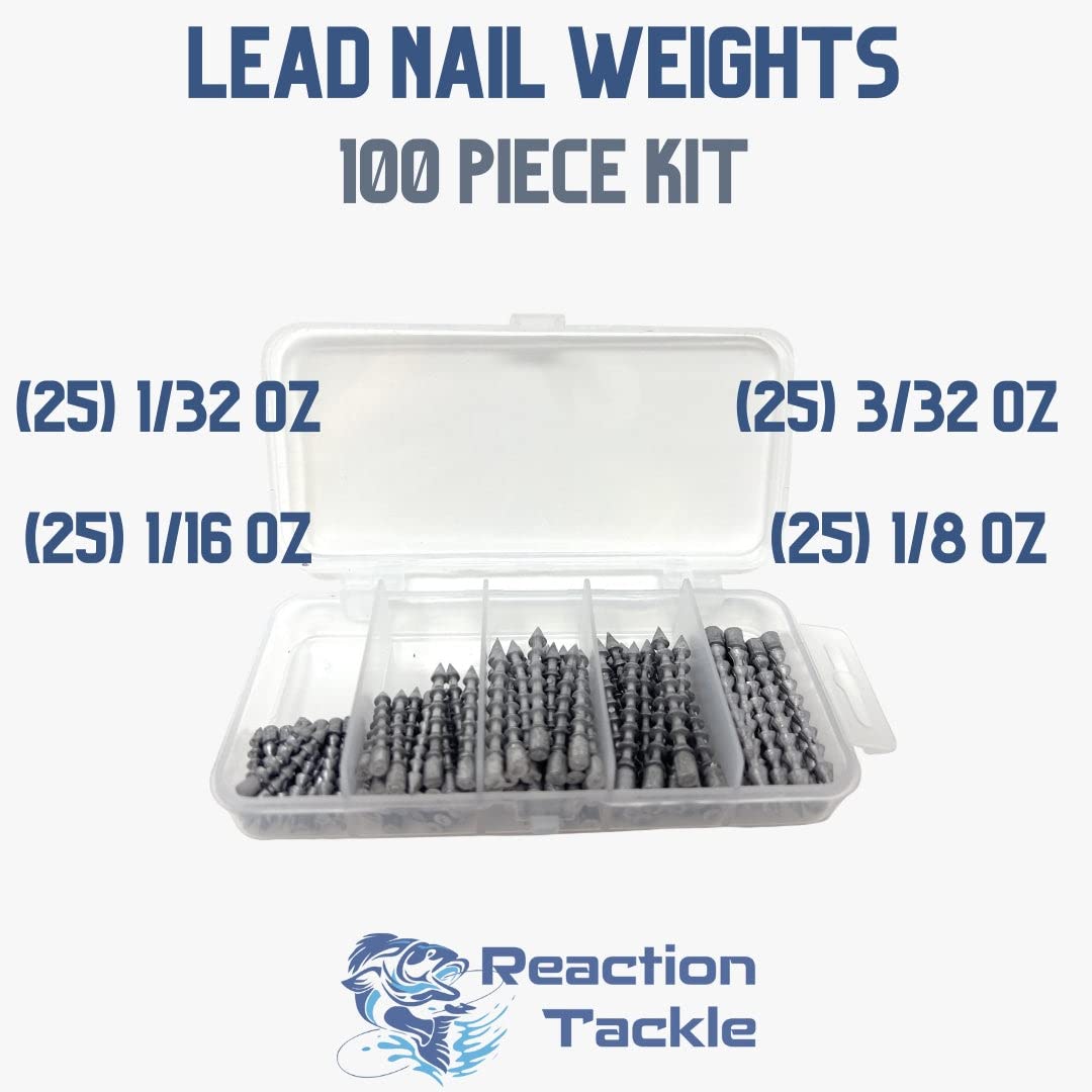 Reaction Tackle lead nail weights close-up showing 1-32oz size for precise tuning
