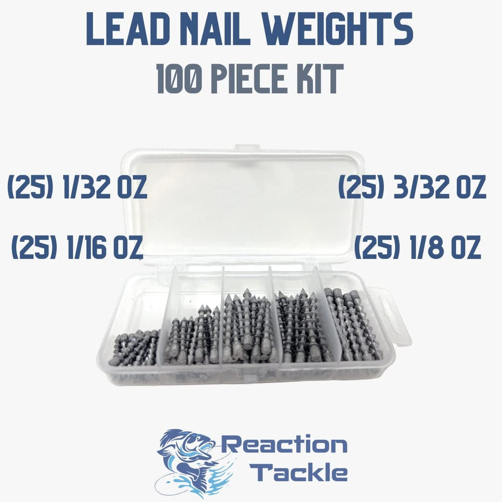 Reaction Tackle lead nail weights close-up showing 1-32oz size for precise tuning