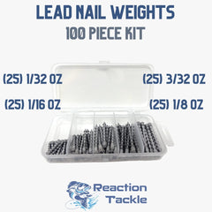 Reaction Tackle lead nail weights close-up showing 1-32oz size for precise tuning