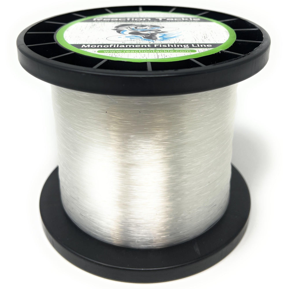 Reaction Tackle monofilament line spool closeup showing clear line for precision casting.