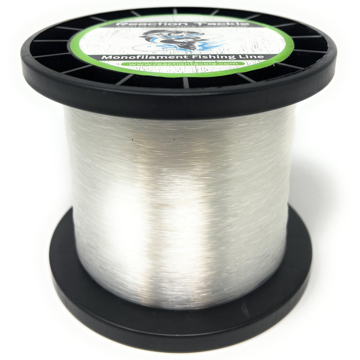 Reaction Tackle monofilament line spool closeup showing clear line for precision casting.