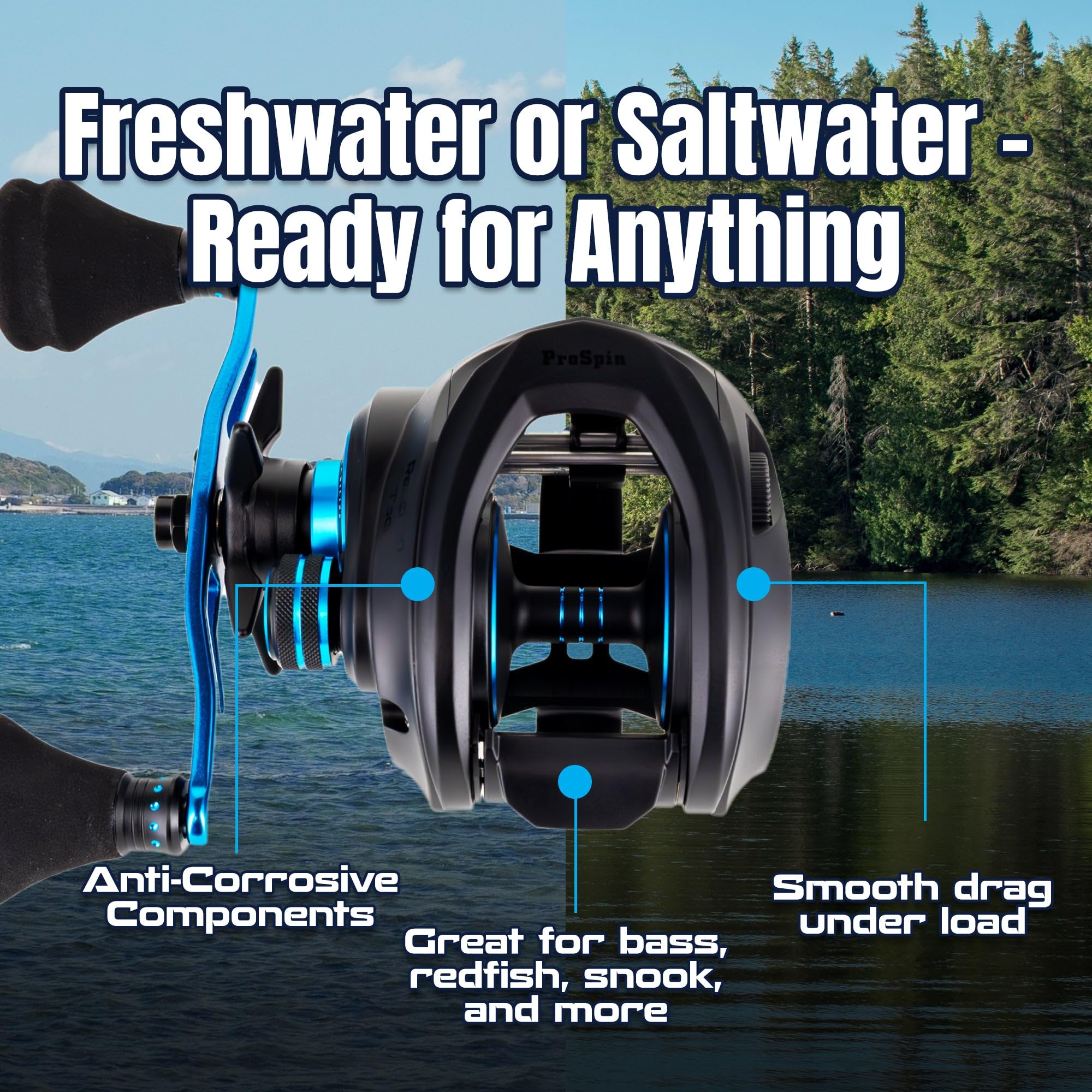 Reaction Tackle ProSpin left baitcaster on-water use showcases compact, balanced design.