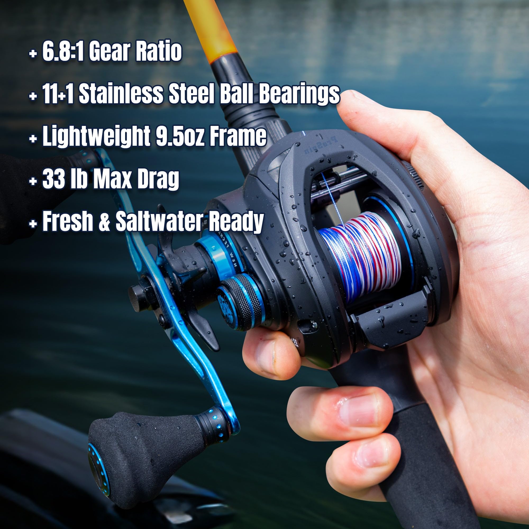 Reaction Tackle ProSpin left baitcaster reel side profile shows smooth casting potential.