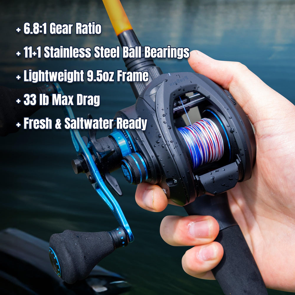 Reaction Tackle ProSpin left baitcaster reel side profile shows smooth casting potential.