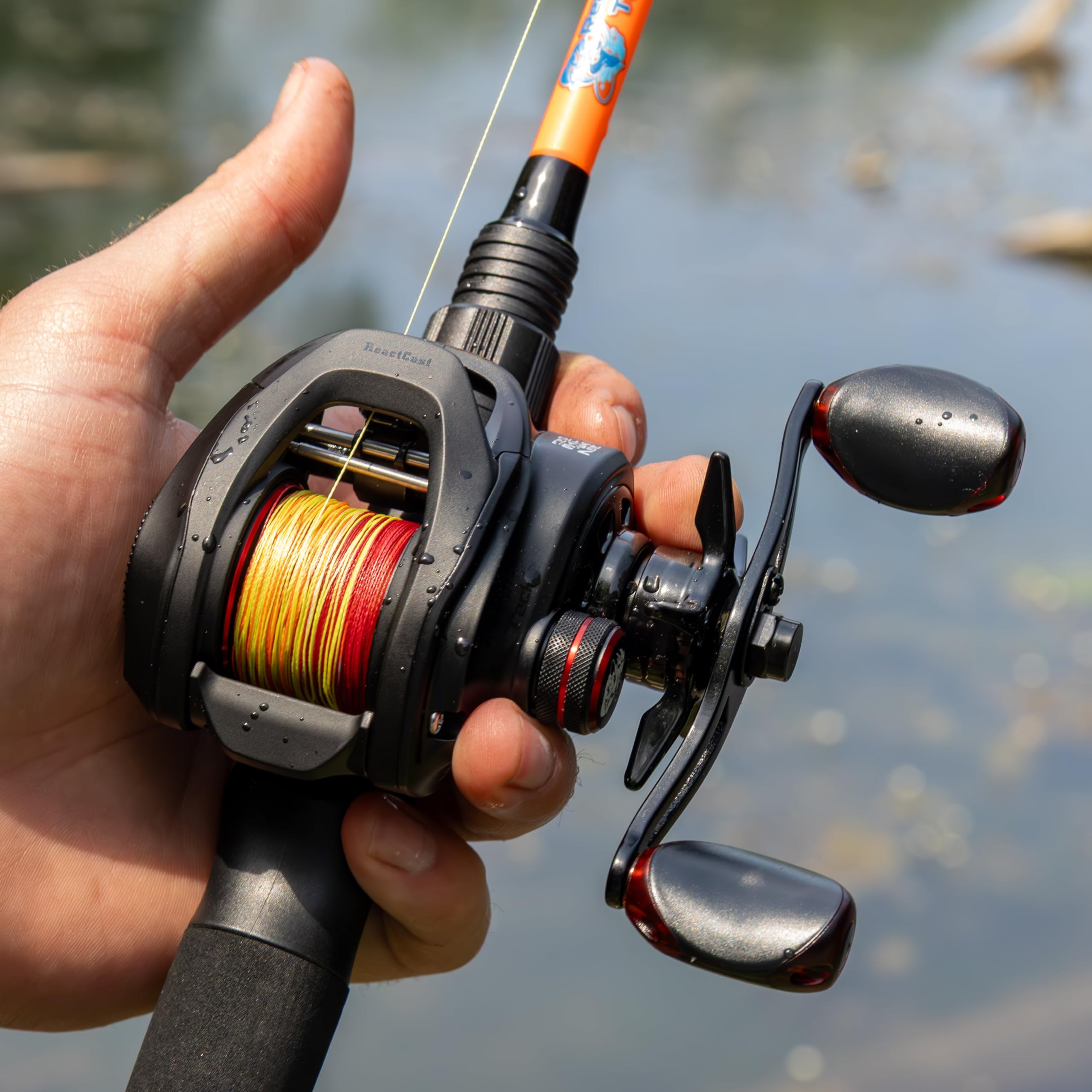 Reaction Tackle ReactCast Edition drag close-up illustrates precise control during casts.