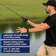 Reaction Tackle ReactCast Edition side profile highlights 7.3:1 gear ratio for fast retrieves.