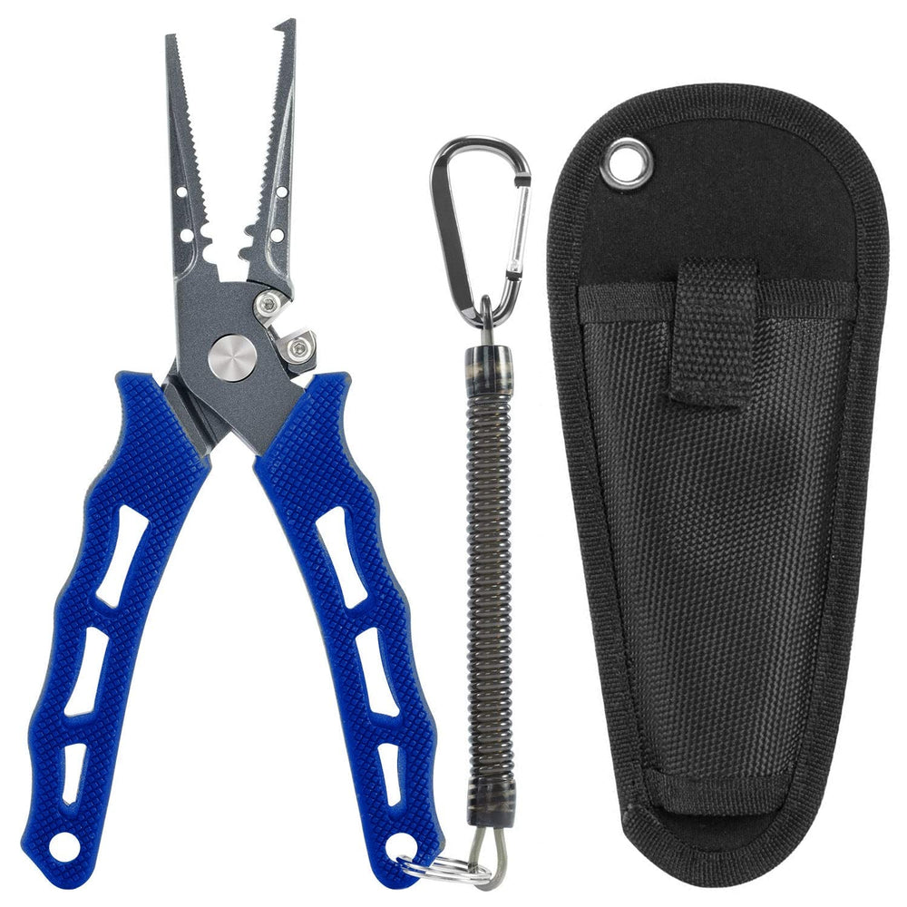 Reaction Tackle split-nose pliers beside a tackle box for easy hook removal.