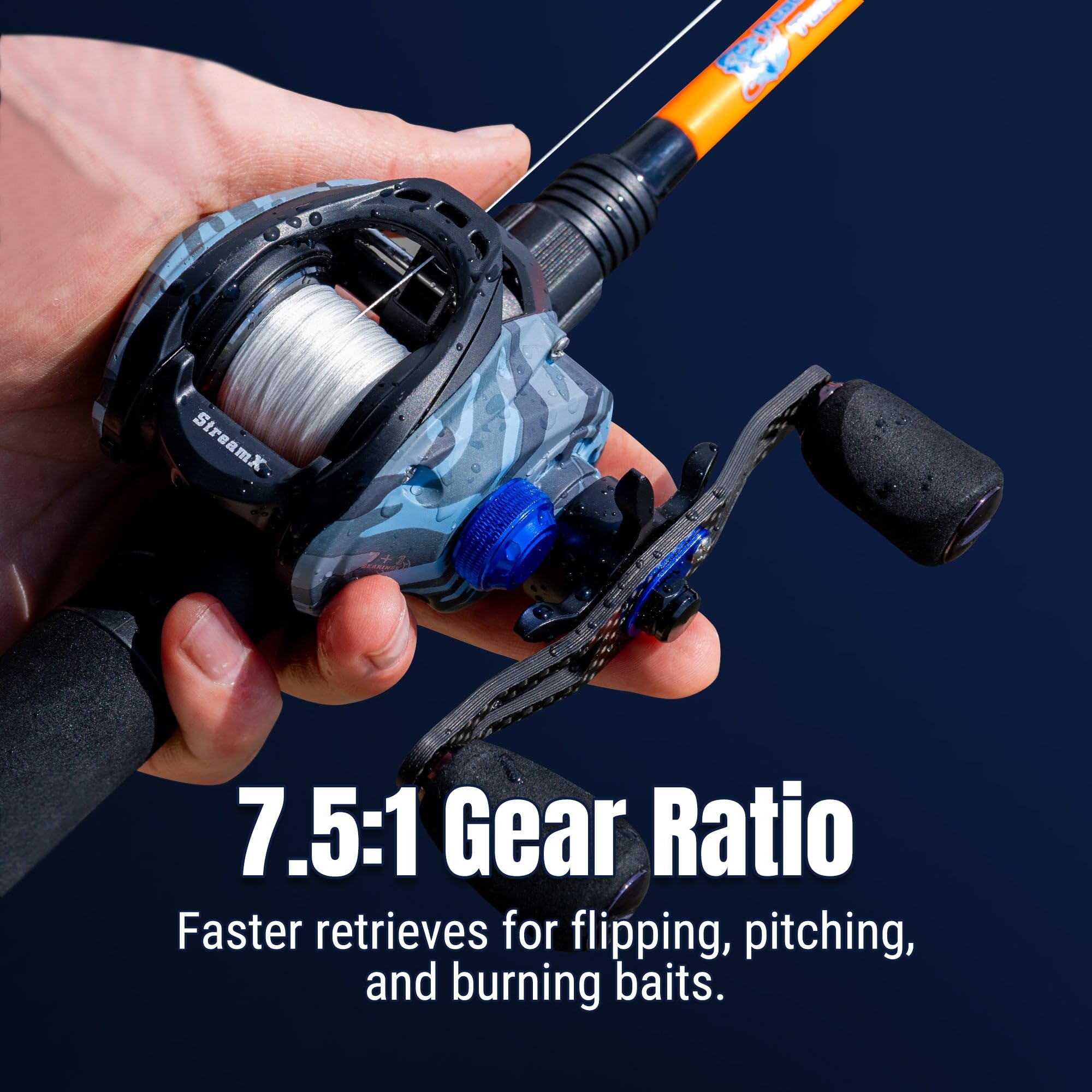 Reaction Tackle StreamX Edition reel retrieve action captured in motion for fast lure recovery
