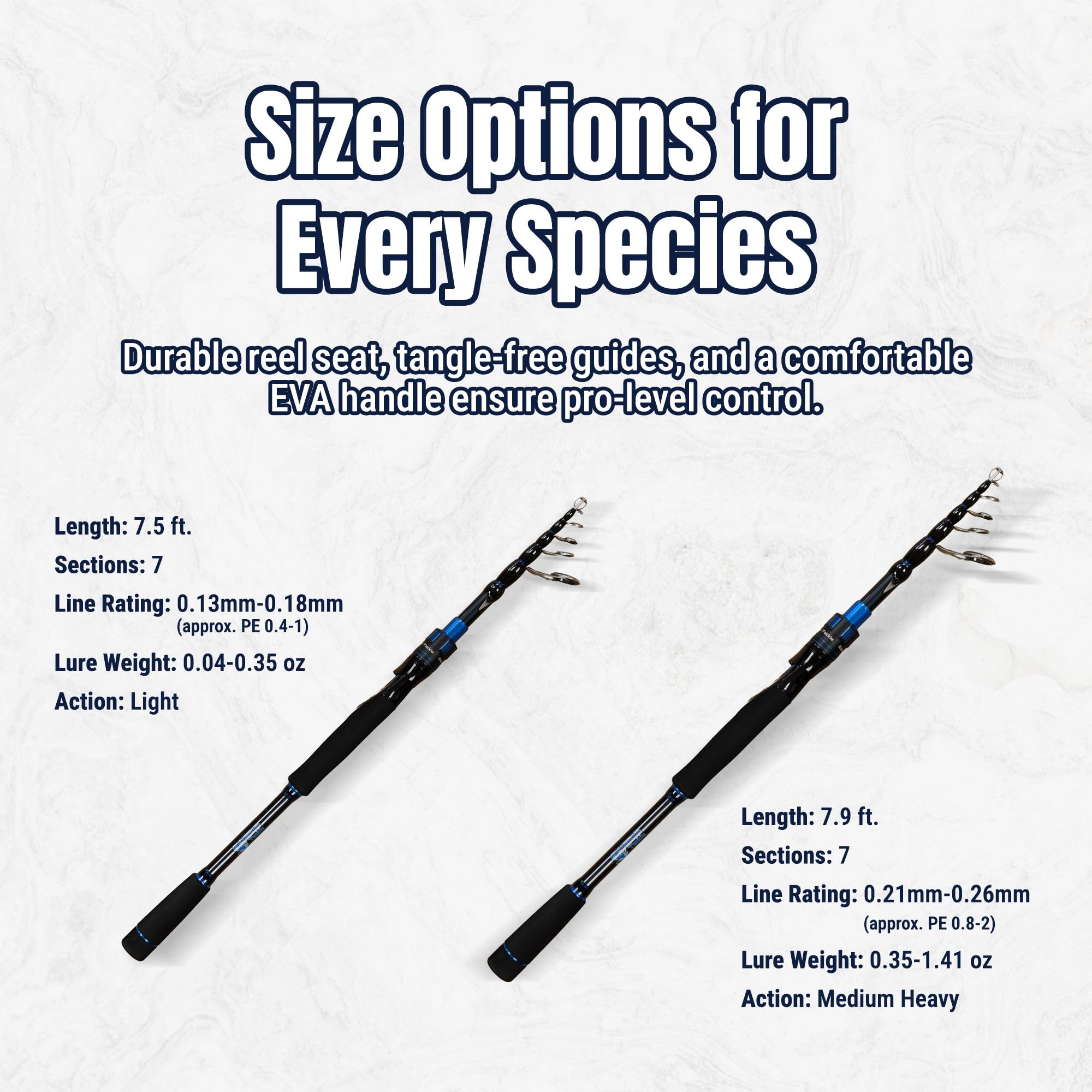 Reaction Tackle Telescopic Spinning Rod medium-heavy action supports bigger species.