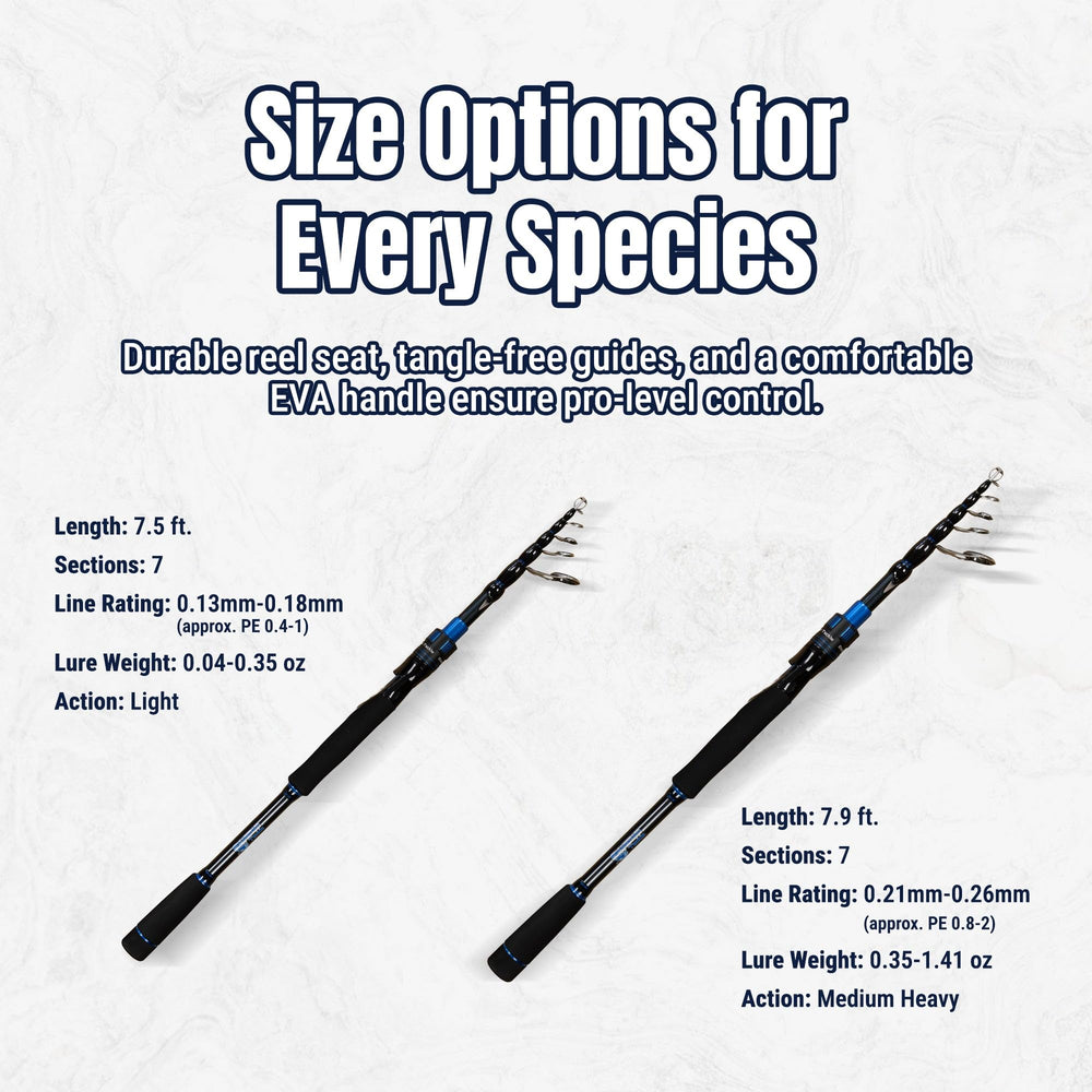 Reaction Tackle Telescopic Spinning Rod medium-heavy action supports bigger species.