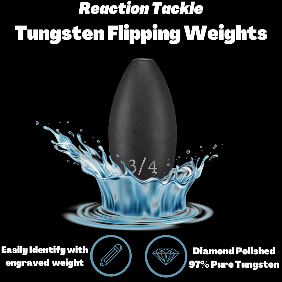Reaction Tackle tungsten weight 1oz black with diamond polished finish emphasizes smooth surface and reduced line friction.