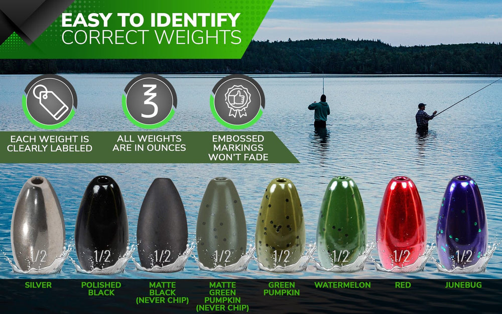 Reaction Tackle tungsten flipping weight 1oz black side profile highlights streamlined shape for weed penetration.