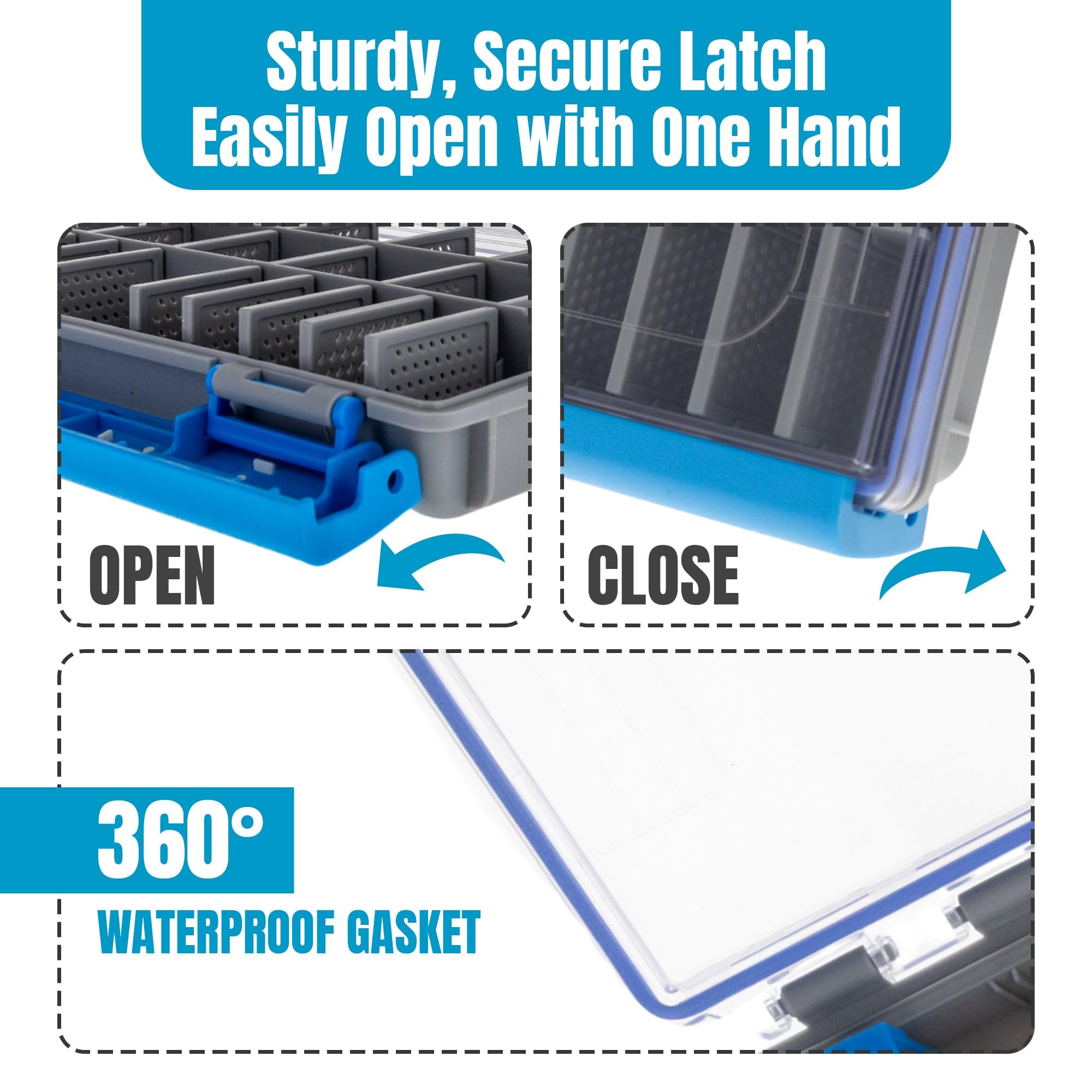 Reaction Tackle UltraSeal tray rugged latches for secure closure in wet conditions.