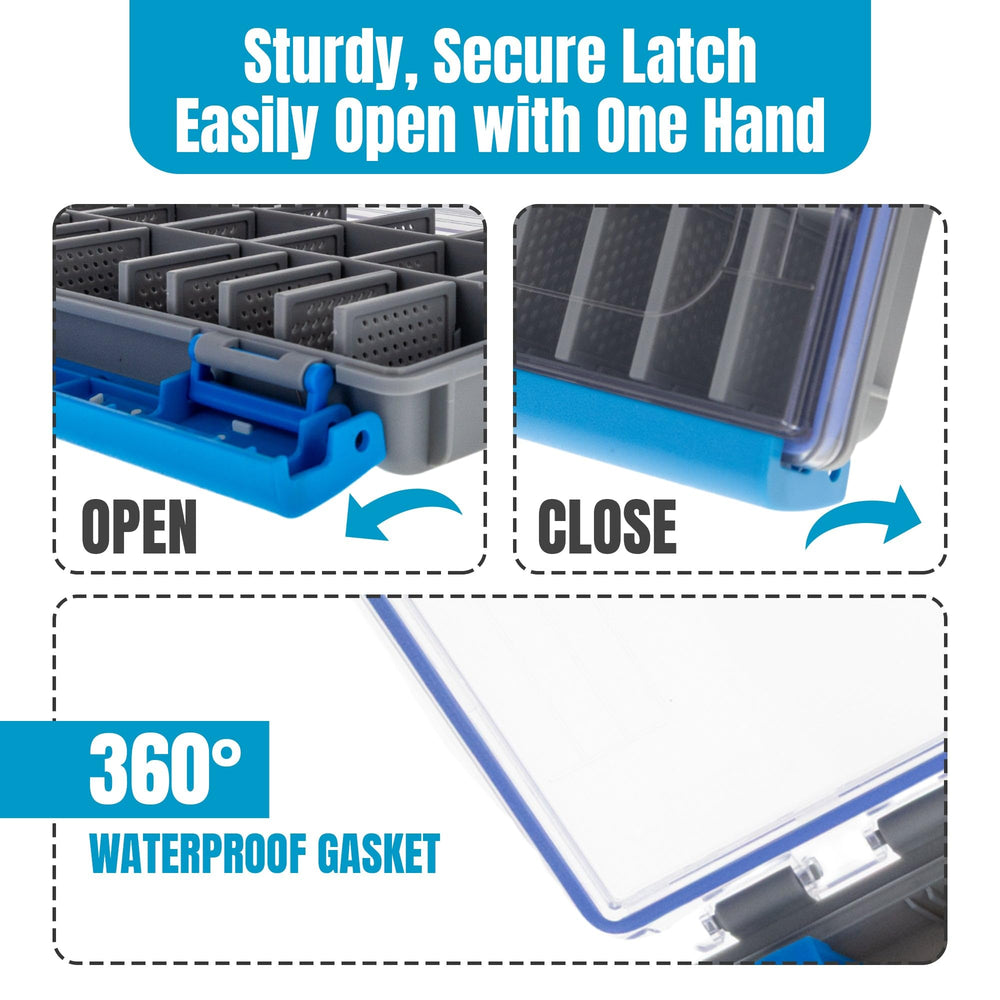 Reaction Tackle UltraSeal tray rugged latches for secure closure in wet conditions.