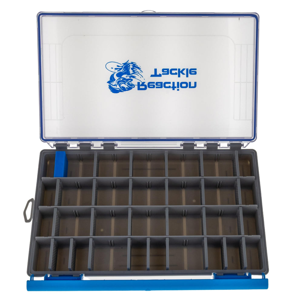 Open view showing adjustable dividers in the tackle tray