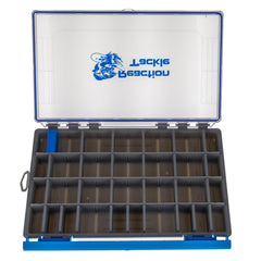 Open view showing adjustable dividers in the tackle tray