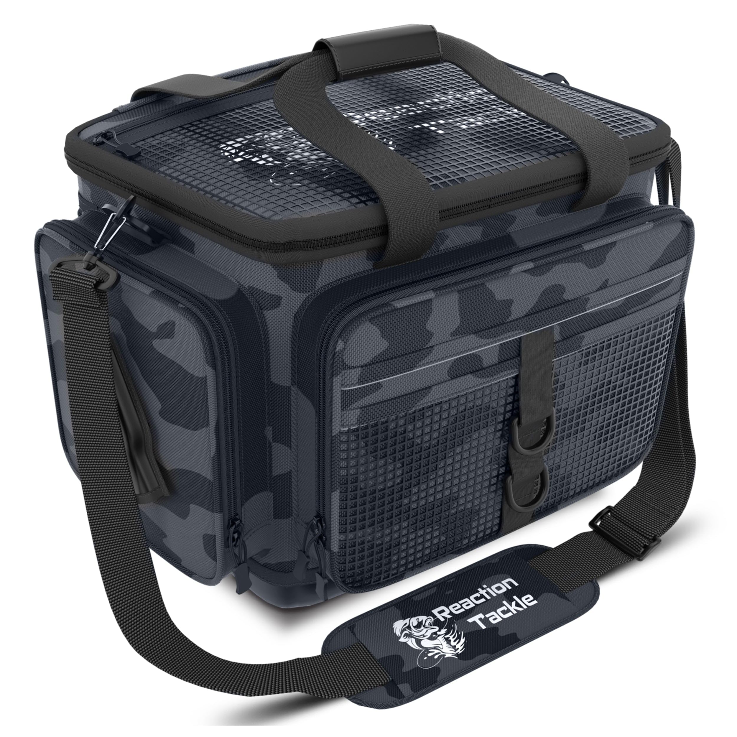 Reaction Tackle water-resistant camo bag front view for organized fishing gear.