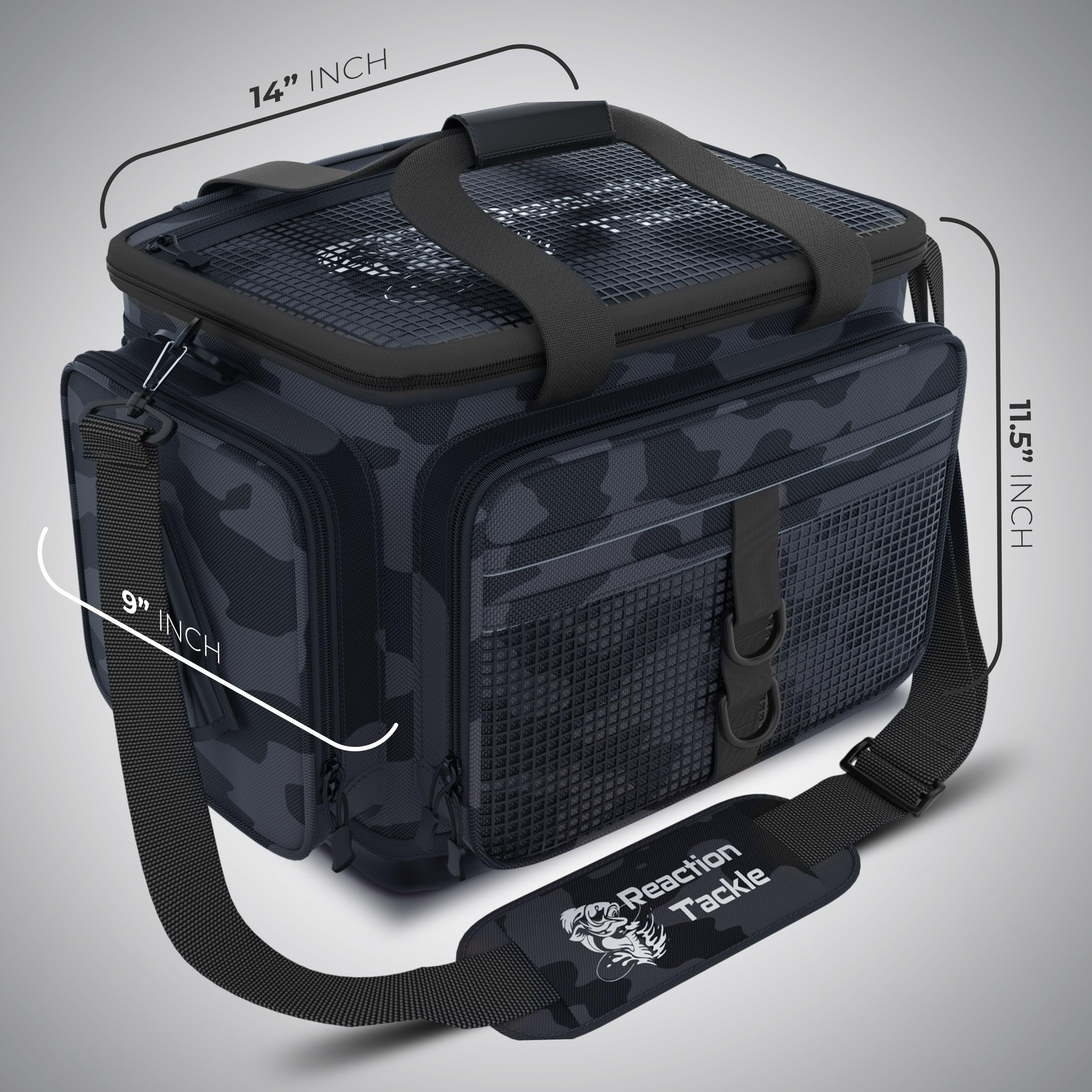 Reaction Tackle camo bag side view showing ample storage for tackle essentials.