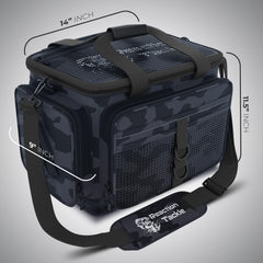 Reaction Tackle camo bag side view showing ample storage for tackle essentials.