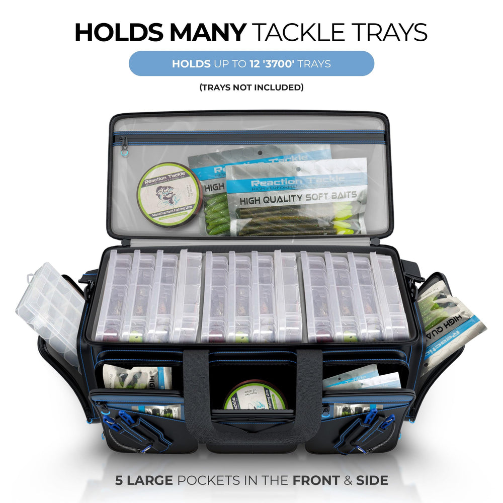 Reaction Tackle XL side pockets storing 3700 trays for quick access