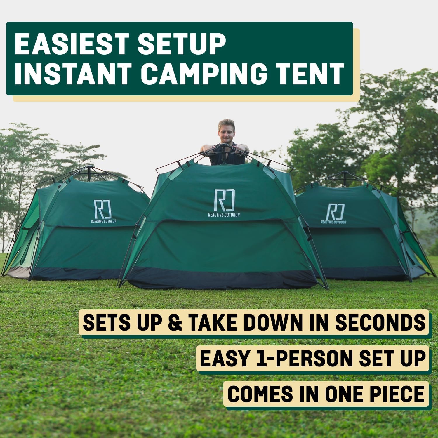 Reactive Outdoor 3 Sec Tent 1-person setup view emphasizes solo camping convenience.