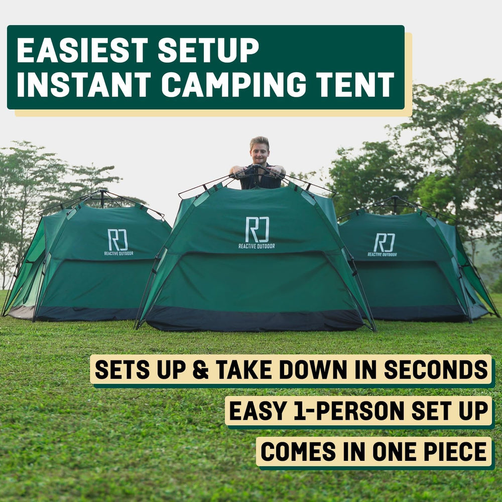Reactive Outdoor 3 Sec Tent 1-person setup view emphasizes solo camping convenience.