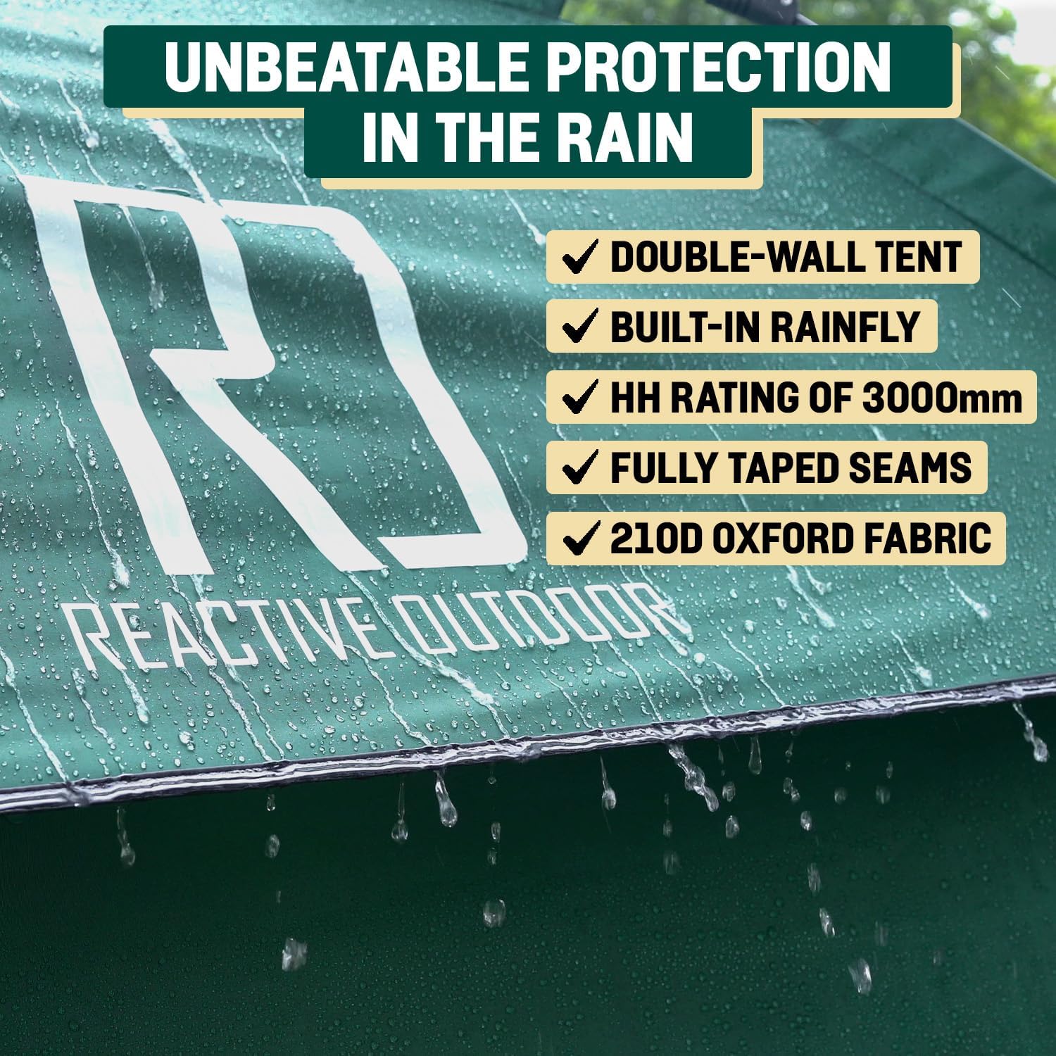 Reactive Outdoor 3 Sec Tent waterproof seams detail shows 3000mm protection.
