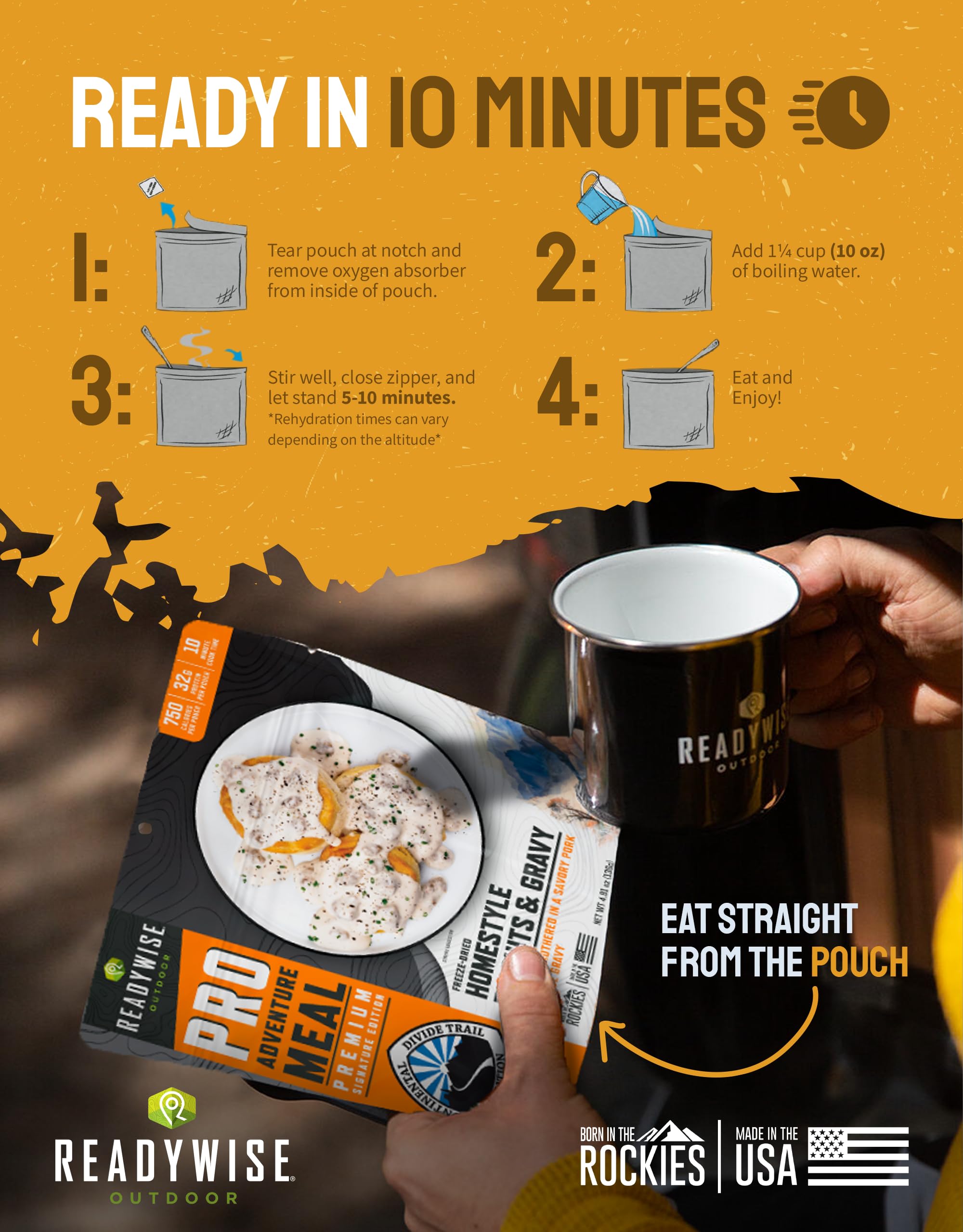 Backpack-ready ReadyWise meal tucked into camping gear for wilderness trips