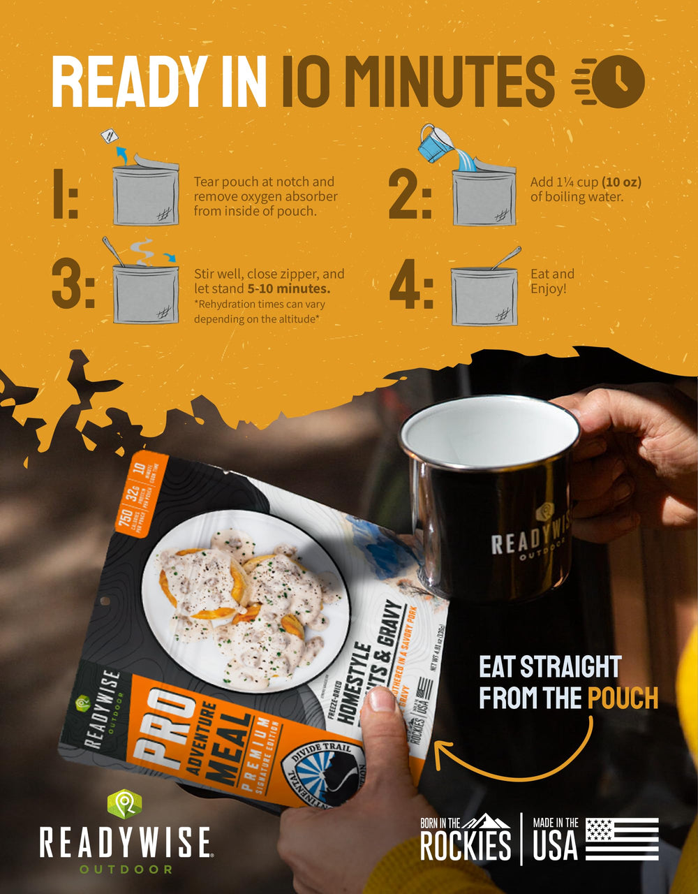 Backpack-ready ReadyWise meal tucked into camping gear for wilderness trips