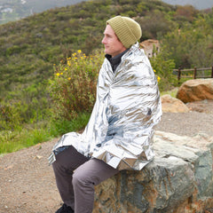 Ready America emergency blankets used as poncho or shelter in outdoor scenarios.