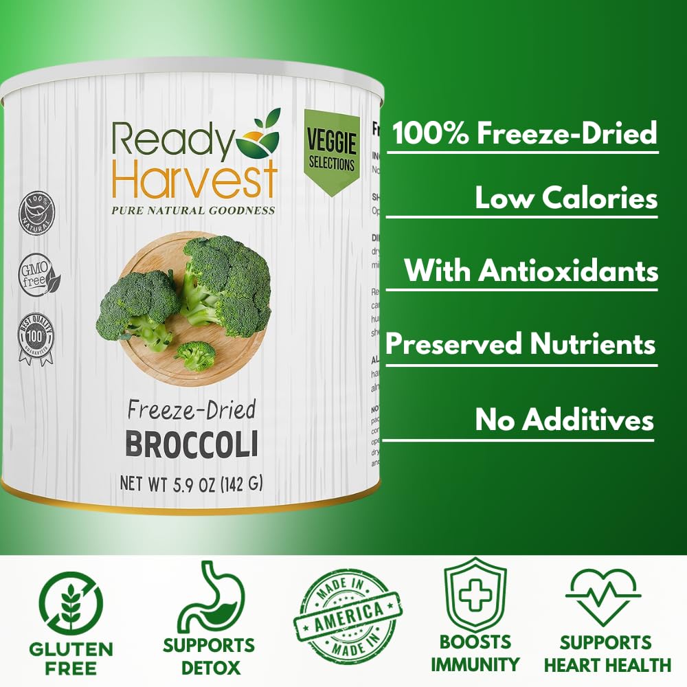 Ready Harvest backpacking gear broccoli image demonstrates lightweight, emergency-ready snack options.