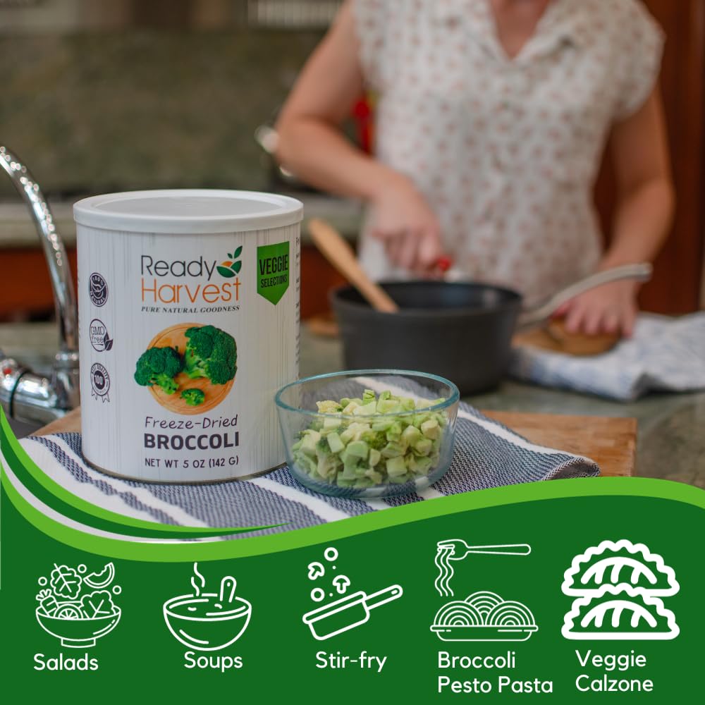 Ready Harvest freeze-dried broccoli close-up emphasizes vibrant color and crisp texture.