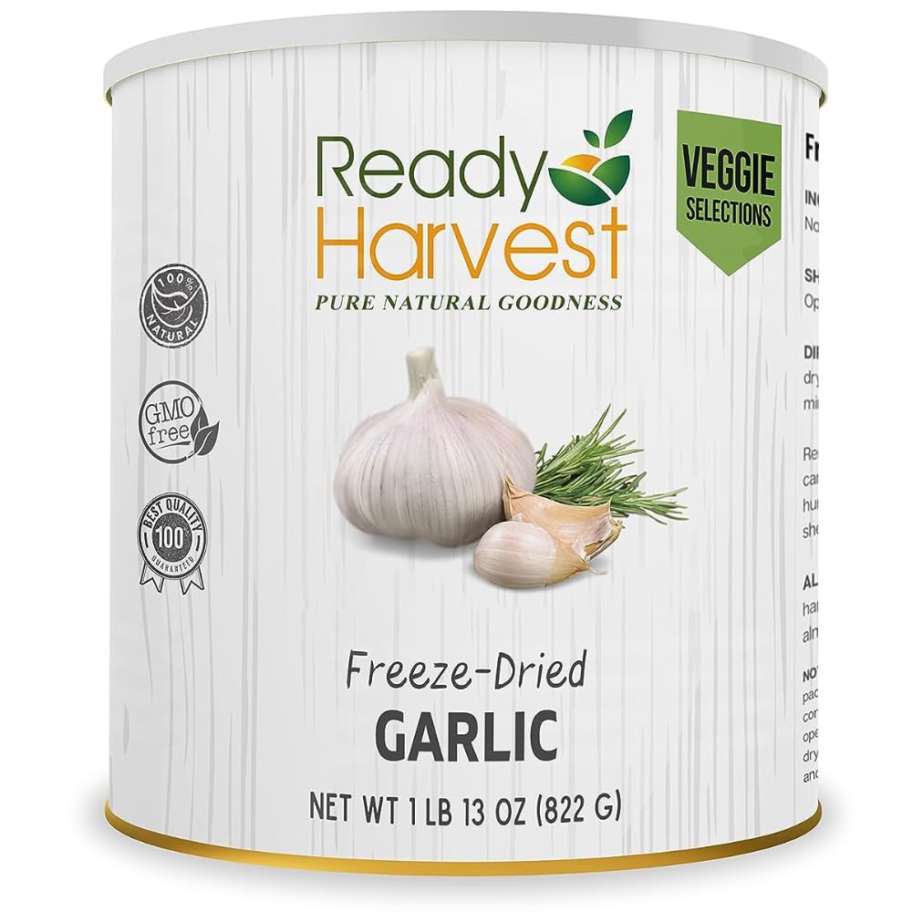 Ready Harvest freeze-dried garlic can front, ideal for long shelf life in emergency prep.