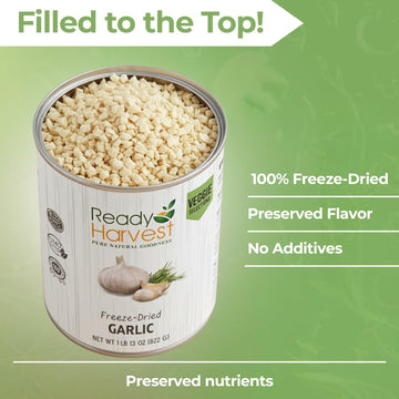 Ready Harvest garlic can label close-up, highlighting 25-year shelf life and pantry use.