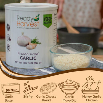 Shelf-ready Ready Harvest garlic in can for long-term pantry storage and prepper readiness.