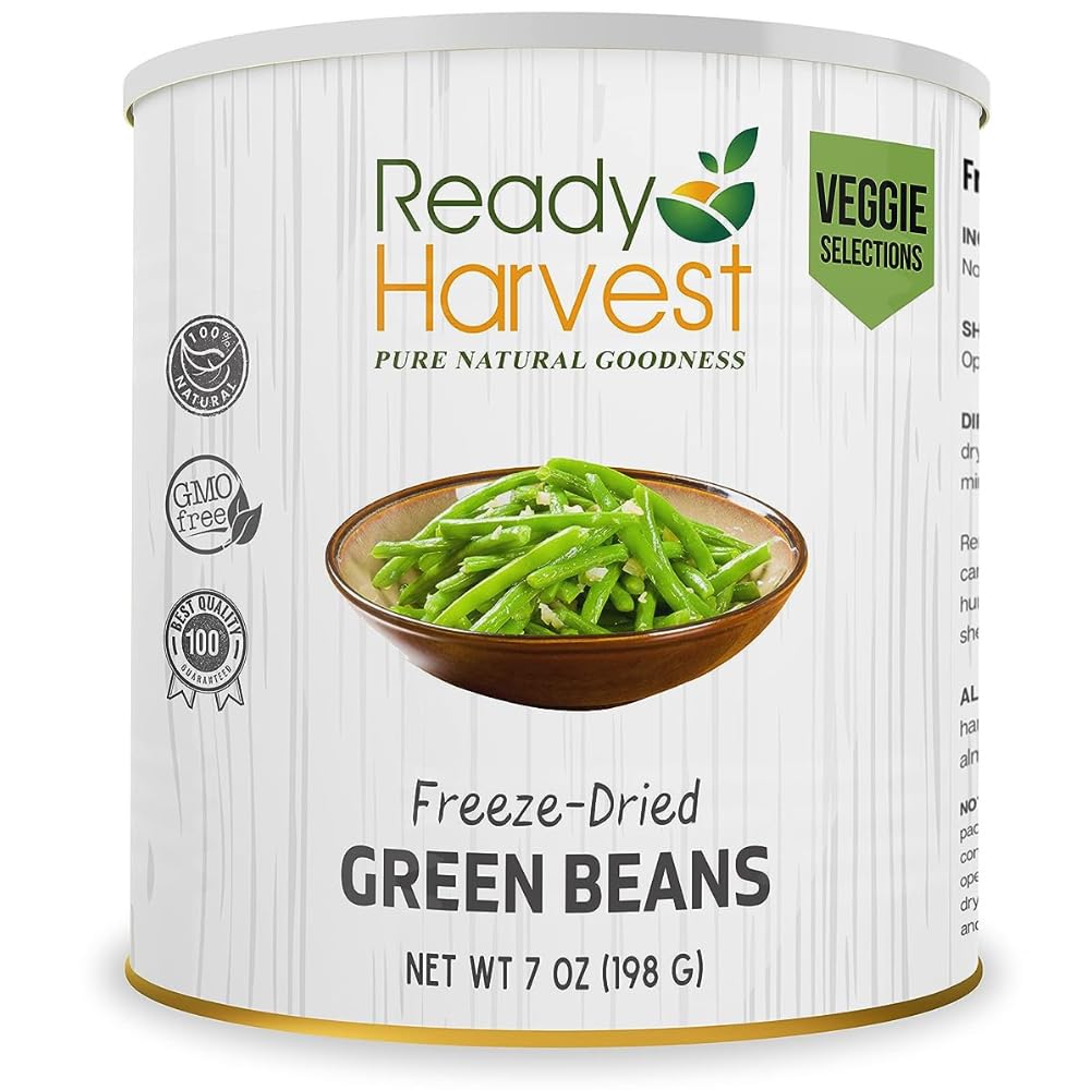 Ready Harvest green beans can-top demonstrates long shelf life and prep readiness.