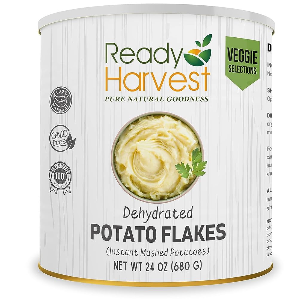 Ready Harvest potato flakes can front view for emergency pantry storage.