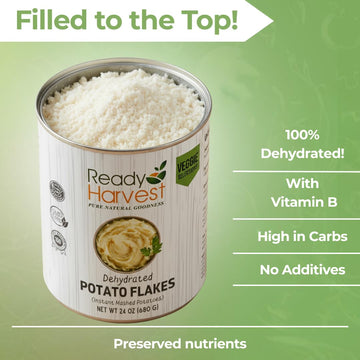 Ready Harvest potato flakes can top view showing durable sealed lid for long-term storage.