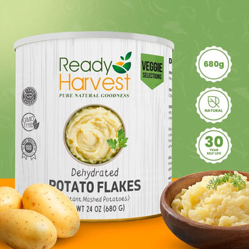 Ready Harvest potato flakes stored on pantry shelf for quick meals.