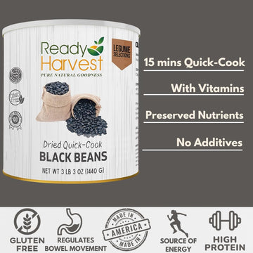 Ready Harvest 25-year shelf life can stacked in pantry for preparedness.