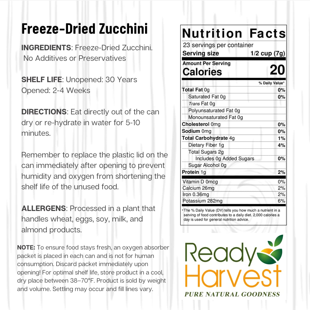 Ready Harvest zucchini product label close-up emphasizing freeze-drying