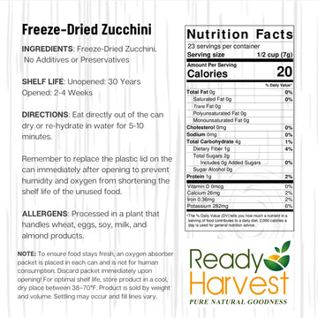Ready Harvest zucchini product label close-up emphasizing freeze-drying