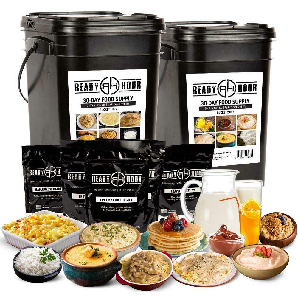 Ready Hour emergency food kit packaging showcases durable four-week supply for preparedness.