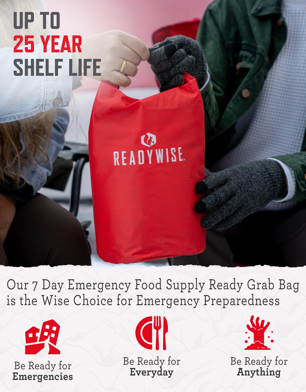ReadyWise 25-year shelf-life food supply emphasizing long-term storage readiness.