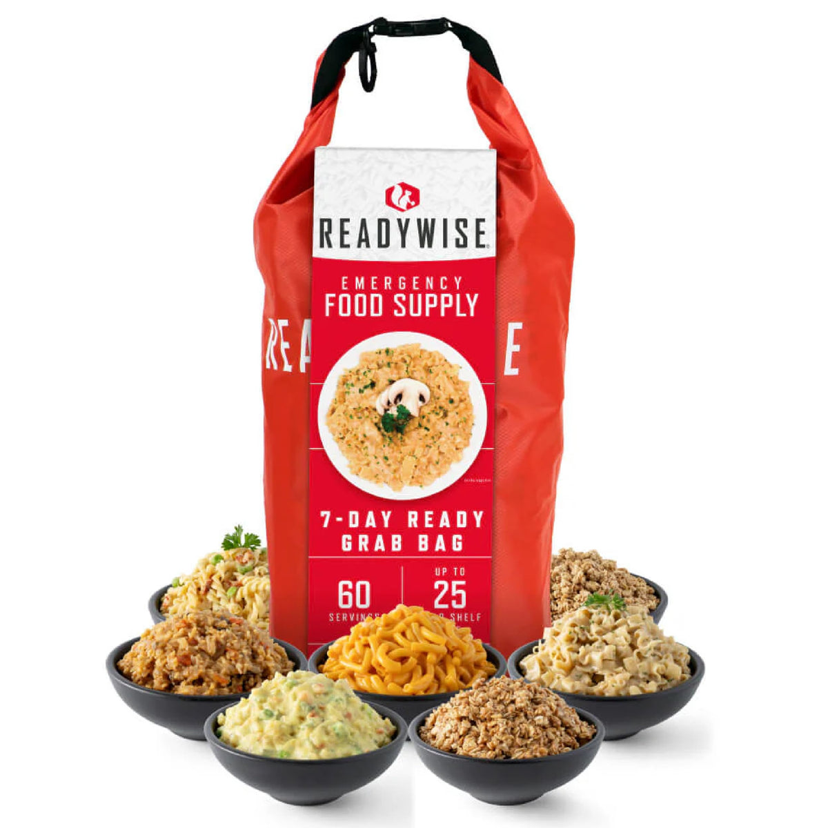 ReadyWise 7-day emergency food supply backpack with 60 servings for quick outdoor meals.