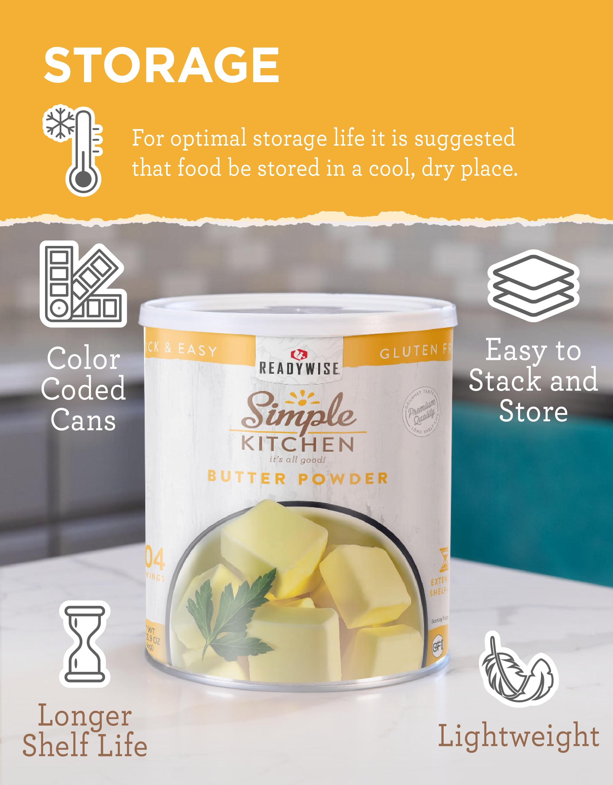ReadyWise butter powder baking-cooking image shows easy recipe substitutions.