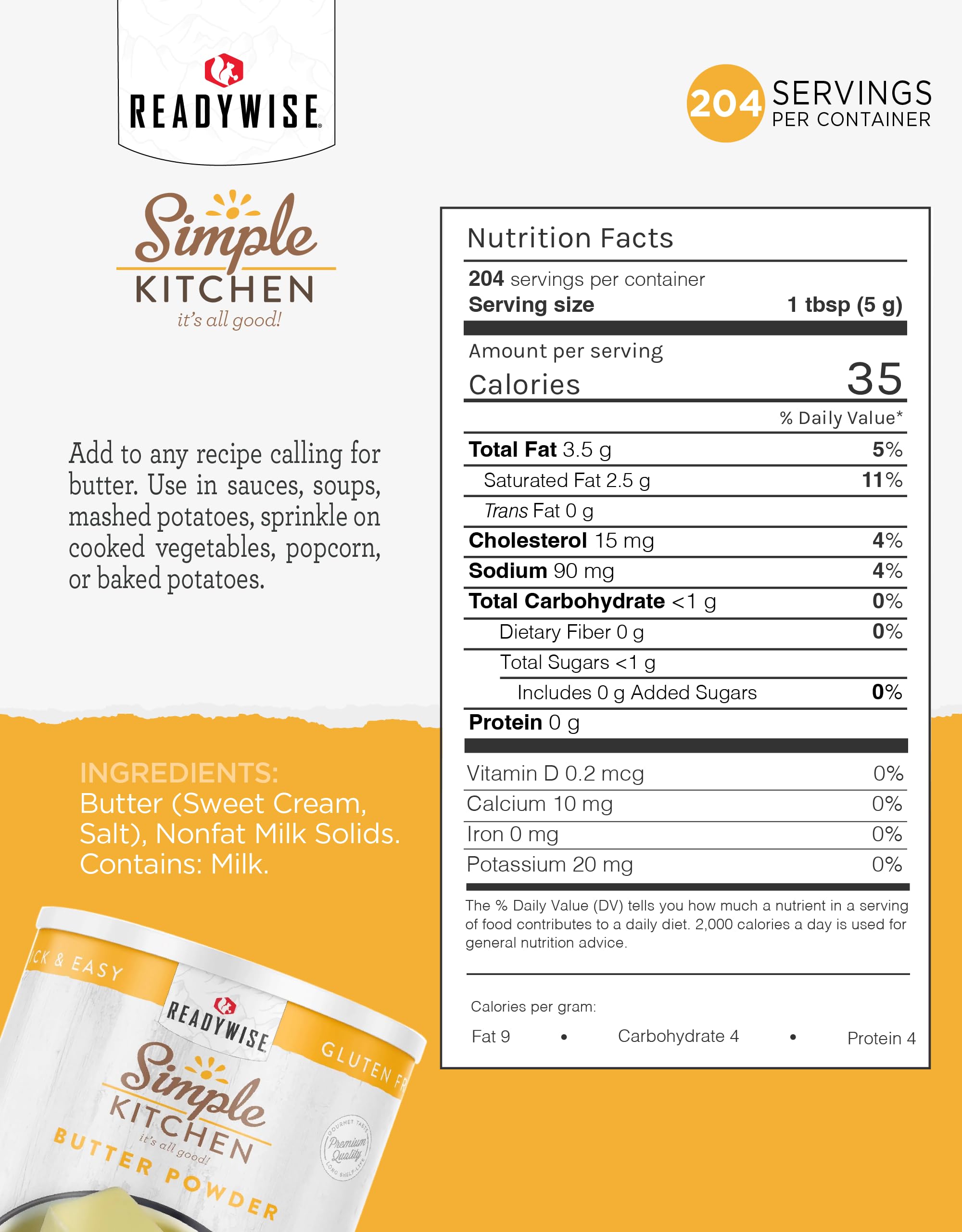 ReadyWise butter powder kitchen-use image highlights versatile rehydration for baking and cooking.