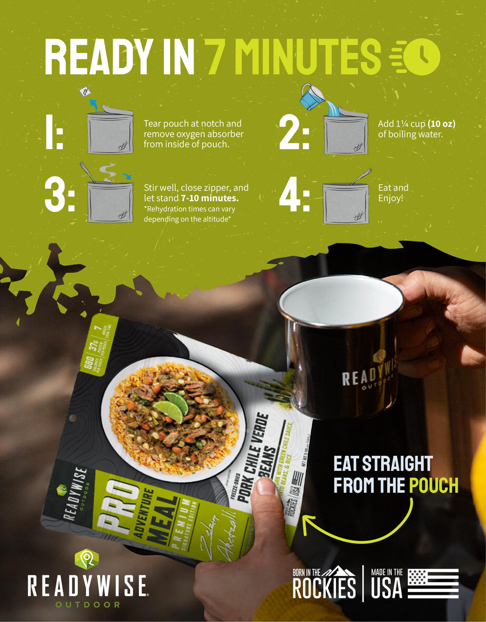 ReadyWise adventure meal in a camping kit for easy heat-and-eat meals.