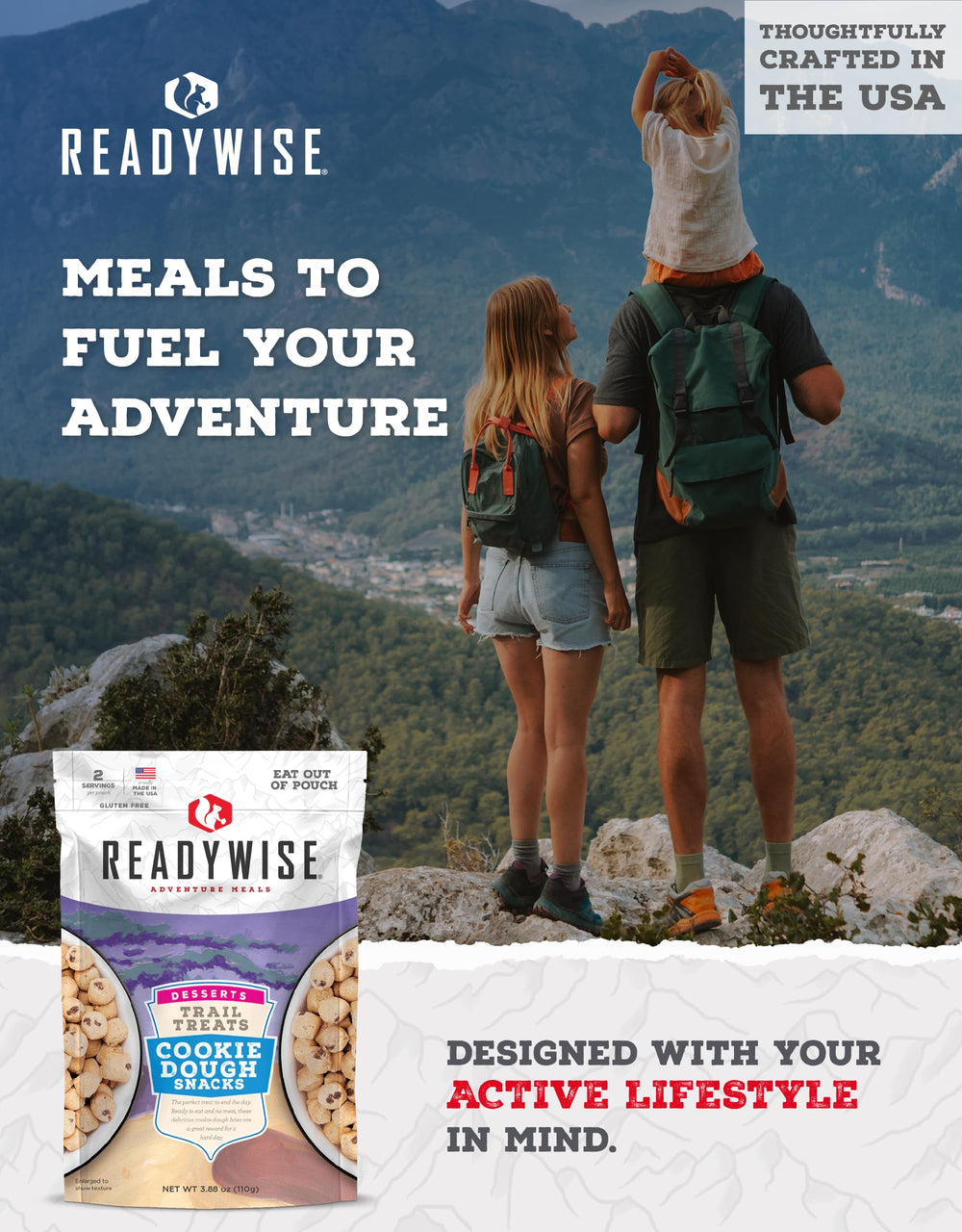 ReadyWise cookie dough trail treats eat from pouch demonstrates convenient on-the-go snacking